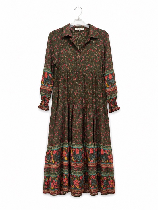 NATURAL LIFE Dresses & Skirts - NATURAL LIFE Olive Midi Dress with Pink Floral and Multicolor Border